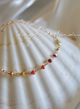 WingYah夕阳的天际线 渐变红水晶纤细手链14k包金爱心链条