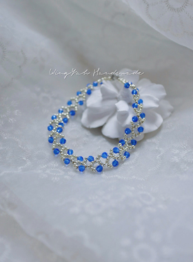 宝石蓝水晶串珠手链银蓝色女小众高级感轻奢气质百搭手环甜美手串