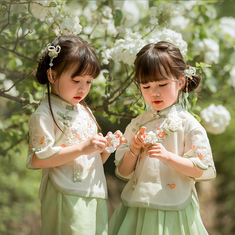 微雨 汉服女童夏季短袖中国风古装套装洋气改良旗袍儿童宝宝唐装 - 图1