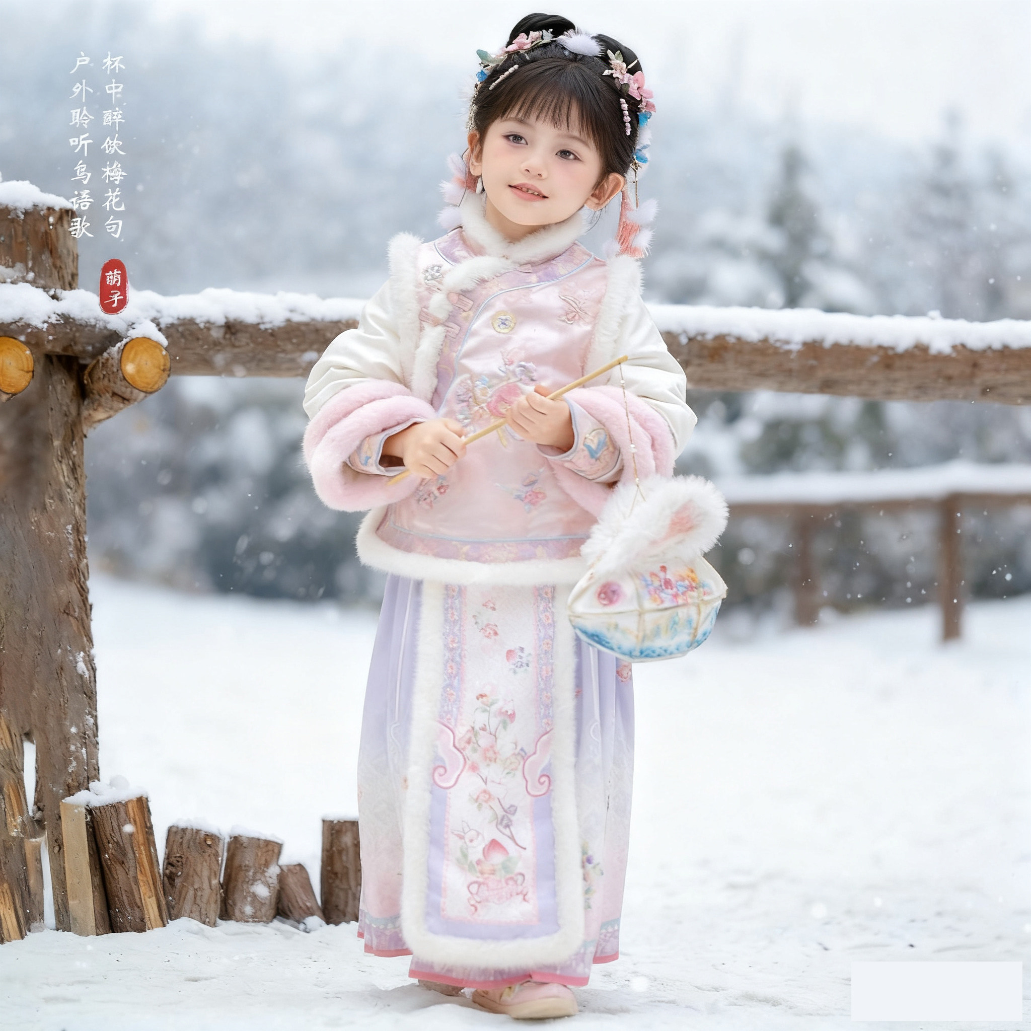 汉服女童冬装粉色古装套装加绒加厚新年过年儿童拜年服新中式,淘宝优惠券,粉丝福利购,淘宝优惠卷