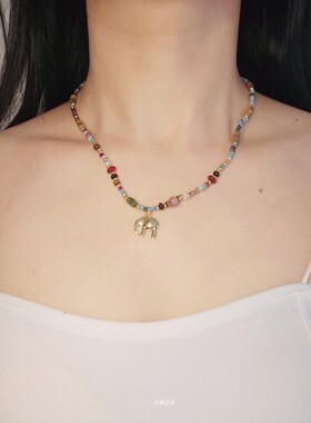 吉象|天然石串珠吉祥小象吊坠项链女轻奢小众设计春夏新中式颈链