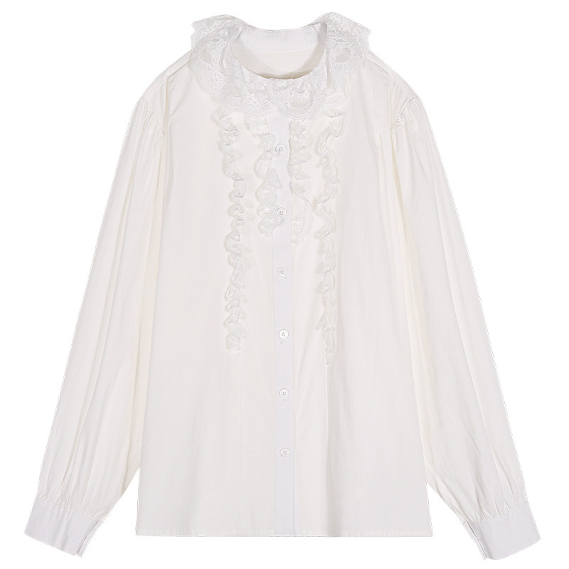 落落狷介白色衬衫女上衣2025年新款设计感长袖木耳边法式蕾丝衬衣