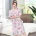 Bộ đồ ngủ bằng lụa cotton mùa hè dành cho nữ kích thước lớn rayon phiên bản Hàn Quốc của váy ngủ ngắn tay in lụa mỏng dành cho bà bầu - Đêm đầm