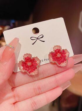 S925银针简约几何形花朵耳环女轻奢高级设计感镶钻红色耳钉耳饰品