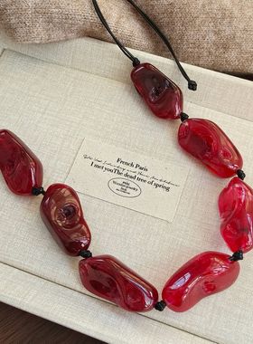 复古不规则红色抽拉绳毛衣链