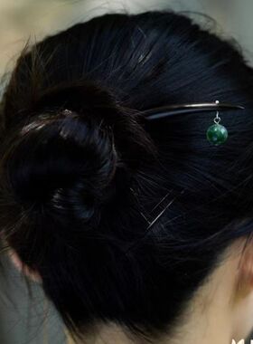 绿玉髓珠黑檀木发簪古风简约盘发