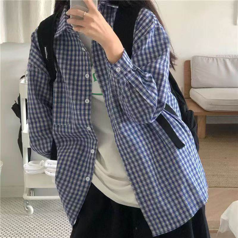 日系ins潮长袖格子衬衣2025早春新款韩版学生百搭上衣宽松衬衫女 - 图2