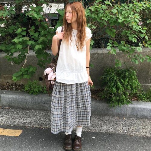 已出货 韩国复古鬼马系少女褶皱格纹休闲慵懒风森系中长款半身裙 - 图2