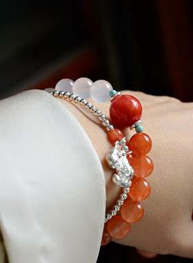 天然南红渐变果冻色荔枝冻原矿绿松纯银小珠子双圈设计中国风