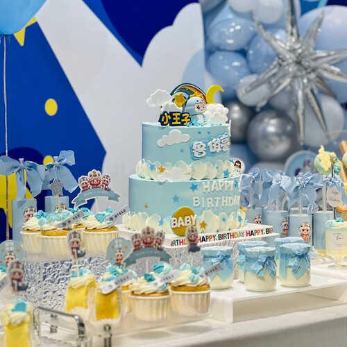 蓝色系皇冠蛇宝宝周岁生日蛋糕装饰我一岁啦生日甜品台贴纸插件 - 图2