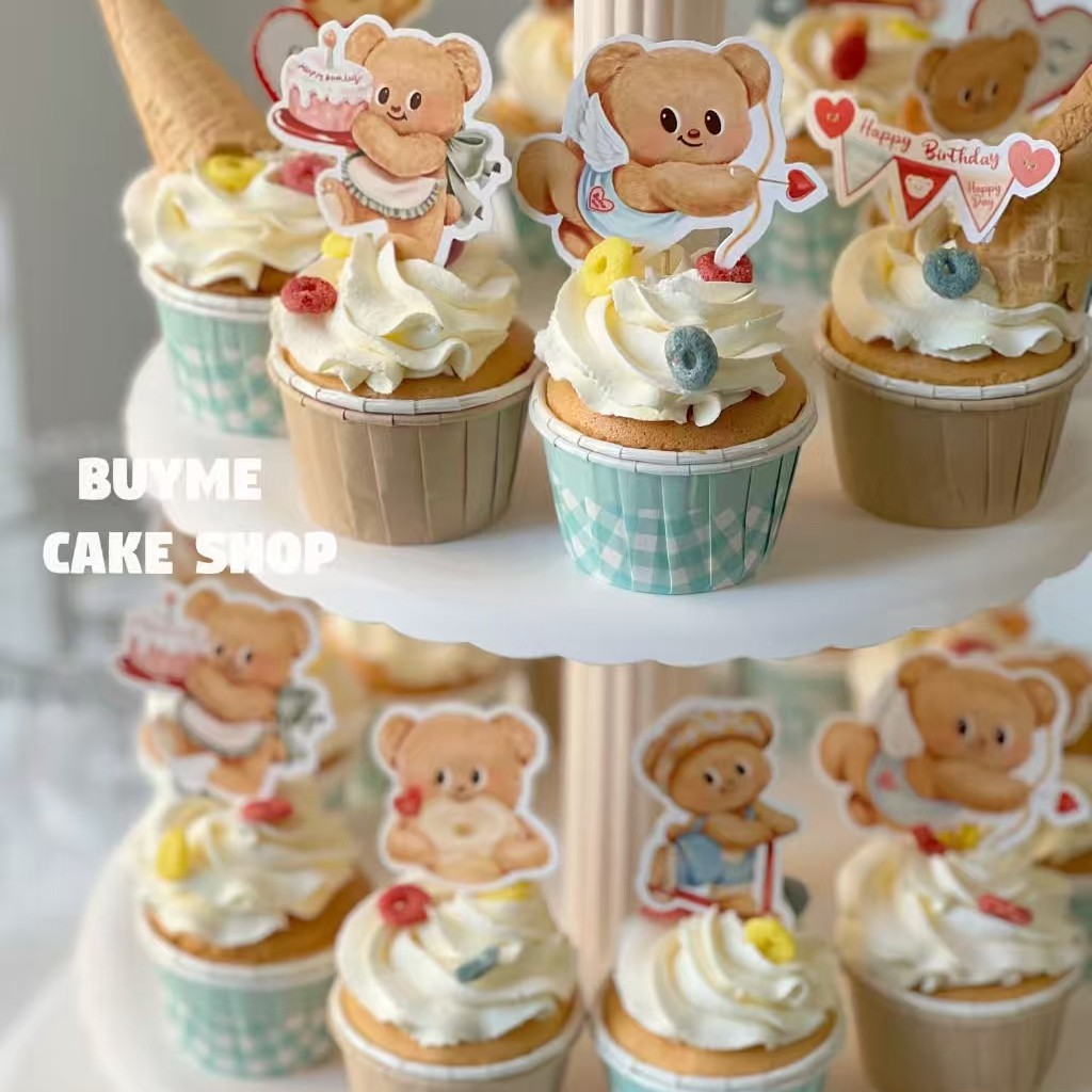 韩系风蛋糕装饰小熊笑脸插件爱心格子生日快乐纸杯蛋糕甜品台装扮,淘宝优惠券,粉丝福利购,淘宝优惠卷
