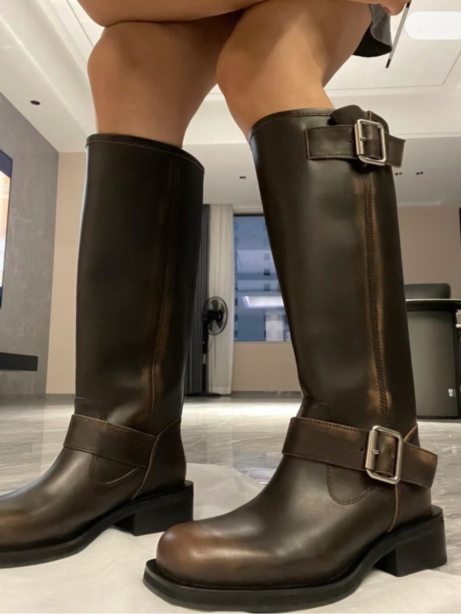 复古做旧擦色方圆头中筒靴2025年秋冬新款英伦风皮带扣骑士靴女潮,淘宝优惠券,粉丝福利购,淘宝优惠卷