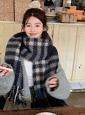 韩系氛围感秋冬女蓝色格围巾围脖