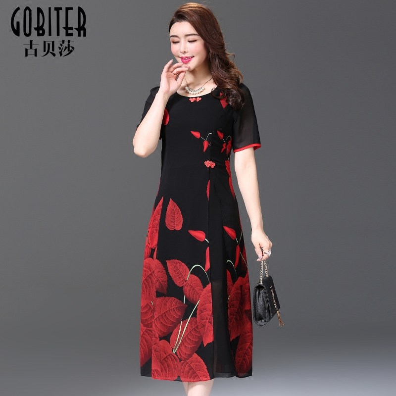 古贝莎夏装新款短袖圆领中长裙子妈妈印花修身显瘦婆婆雪纺连衣裙