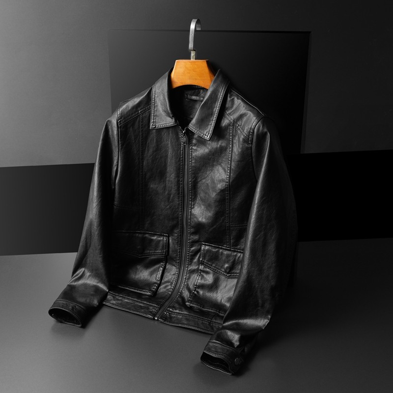2024秋冬新款男士翻领机车皮外套 修身潮男皮衣7155 P175黑卡,淘宝优惠券,粉丝福利购,淘宝优惠卷