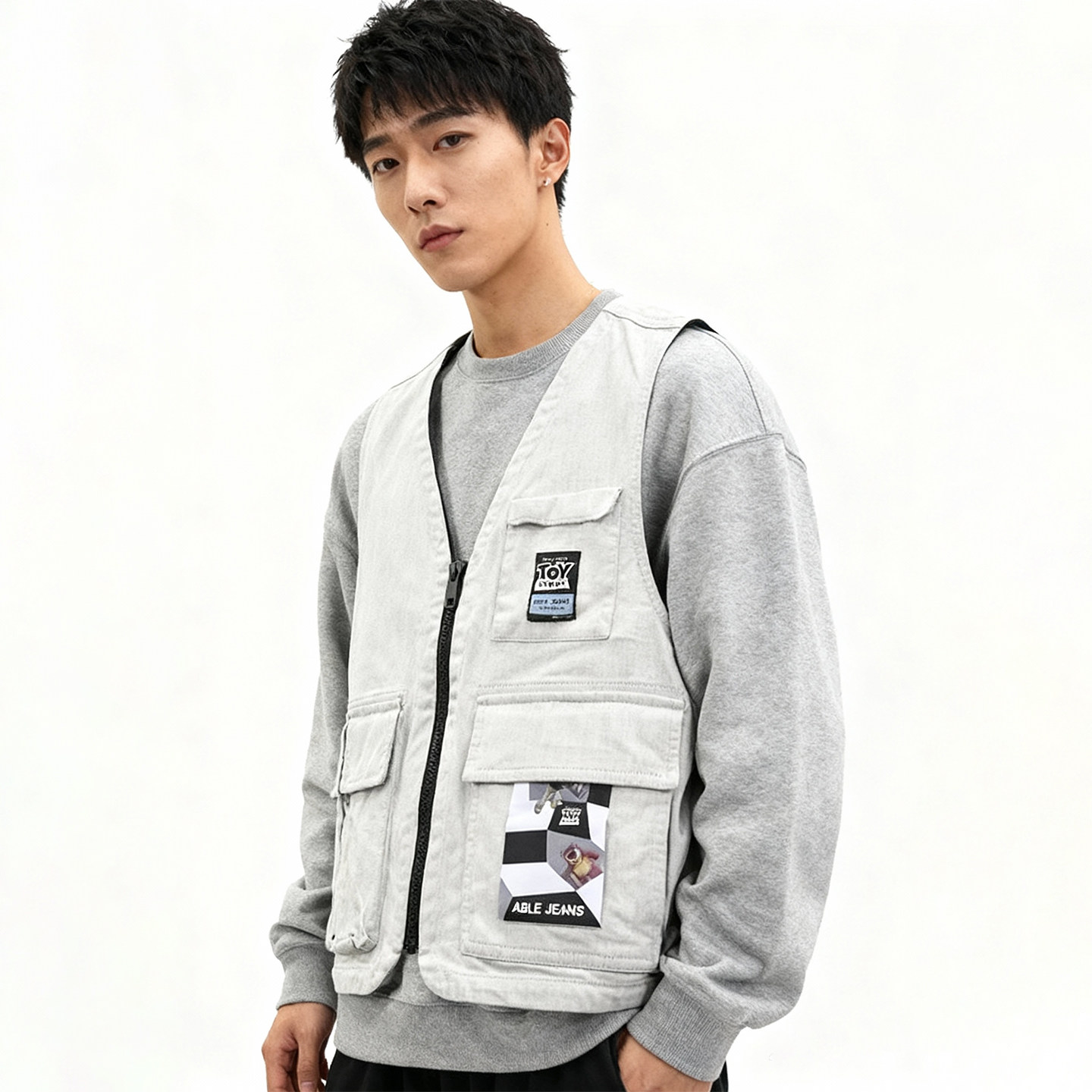 ABLE JEANS休闲宽松工装白牛仔马甲男2025多口袋潮流坎肩钓鱼背心,淘宝优惠券,粉丝福利购,淘宝优惠卷