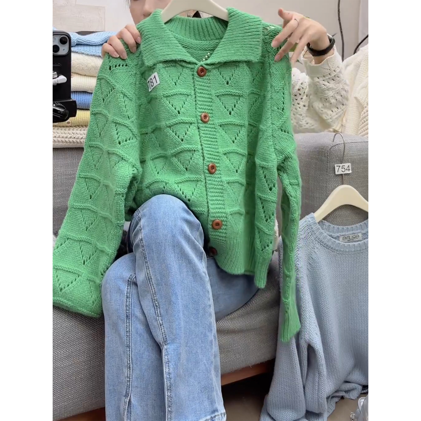 韩国HONE女装秋季新款复古麻花翻领单针织羊毛开衫长袖毛衣外套 - 图0