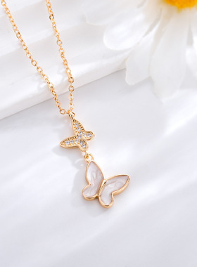 爆款轻奢风蝴蝶项链微镶锆石香槟金时尚轻奢小香风吊坠送女友礼物