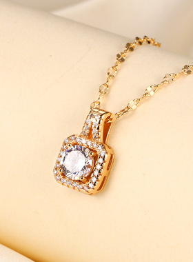 香槟金小方钻吊坠项链女轻奢小众设计锁骨新款满钻闪闪送女友项链