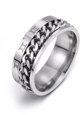 KANZAO欧美个性罗马数字钛钢指环可转动链条戒指减压手饰