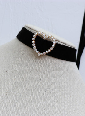 复古爱心丝绒带系带宽边锁骨链女