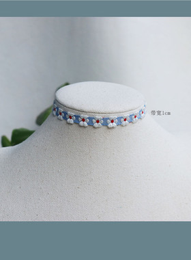 牛仔织带钩织小花女短款锁骨链