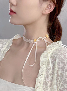 系带蕾丝锁骨链女蝴蝶结项圈