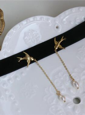 宽边丝绒带遮颈纹黑色百搭锁骨链