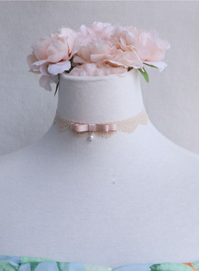 温柔风蕾丝蝴蝶结珍珠吊坠锁骨链