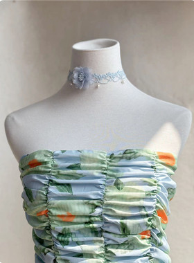 BABY蓝蕾丝系带长款花朵项圈清新