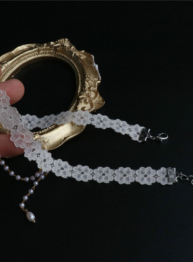 米色蕾丝珍珠吊坠颈链choker项圈