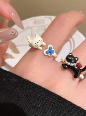 卡通滴油可爱黑色猫咪小鱼开口戒指女设计感个性可调节学生手饰