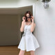 Casual A-line puffy skirt with high waist black suspender skirt
