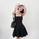 Casual A-line puffy skirt with high waist black suspender skirt