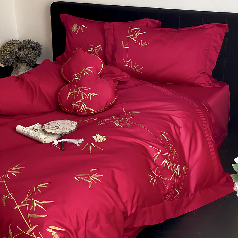 金竹报喜~高档新中式结婚床上用品四件套婚庆全棉大红色陪嫁喜被,淘宝优惠券,粉丝福利购,淘宝优惠卷