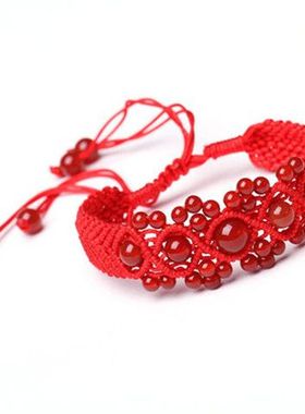 手工编织花开富贵红玛瑙红绳手链