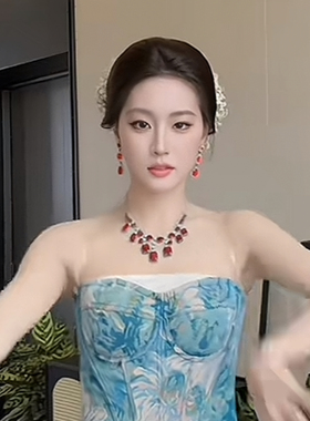 柳柳刘亦菲同款镶钻方形流苏耳钉项链套装轻奢高级感吊坠锁骨链