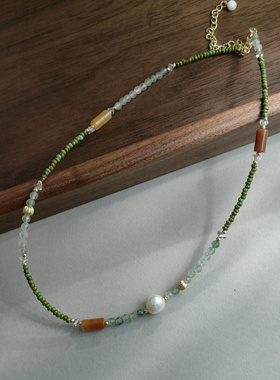 碧泉绿意国风轻奢小众绿松石串珠祖母绿项链双层叠戴气质女