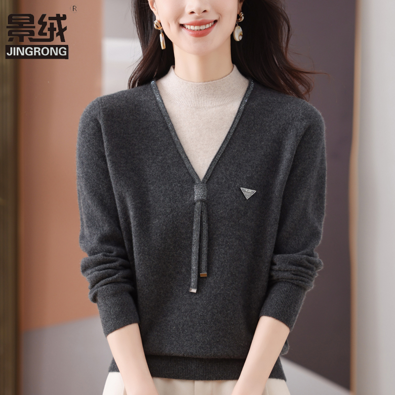 中年妈妈羊毛衫女假两件针织上衣秋冬季大码半高领毛衣打底羊绒衫 - 图1