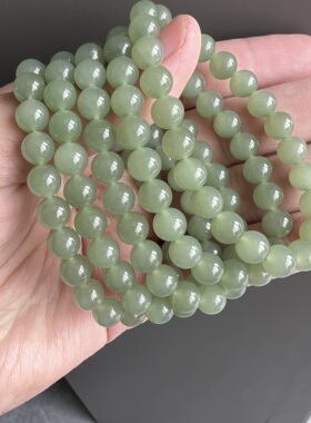 天然起荧光晴水和田玉圆珠手链 约7.8mm  玉石单圈手链饰品 T110