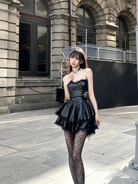 Strapped PU leather summer gothic lace A-line skirt