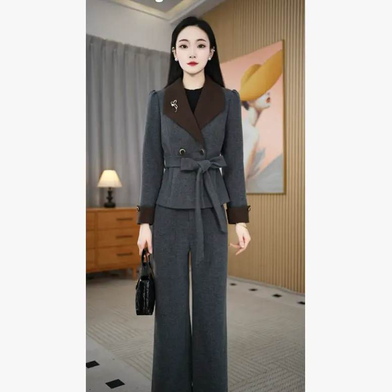 通勤风双排扣西装上衣+阔腿裤女士秋冬修身收腰两件套气质套装,淘宝优惠券,粉丝福利购,淘宝优惠卷