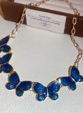 蓝色海洋蝴蝶滴油项链中古复古高级感锁骨链小众设计礼服配饰93