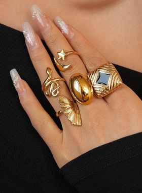 不锈钢蛇形椭圆树叶开口戒指