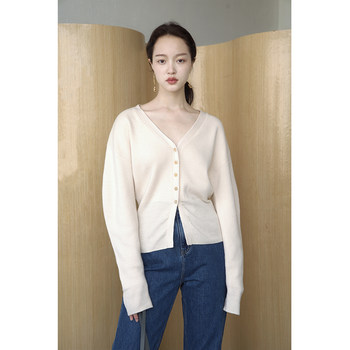 Rowi Paris ຊຸດສະຖາປັດຕະຍະກໍາ silhouette ປະຕິບັດ sweater ຄໍ V slim sweater ແຂນຍາວ knitted cardigan ສໍາລັບແມ່ຍິງ