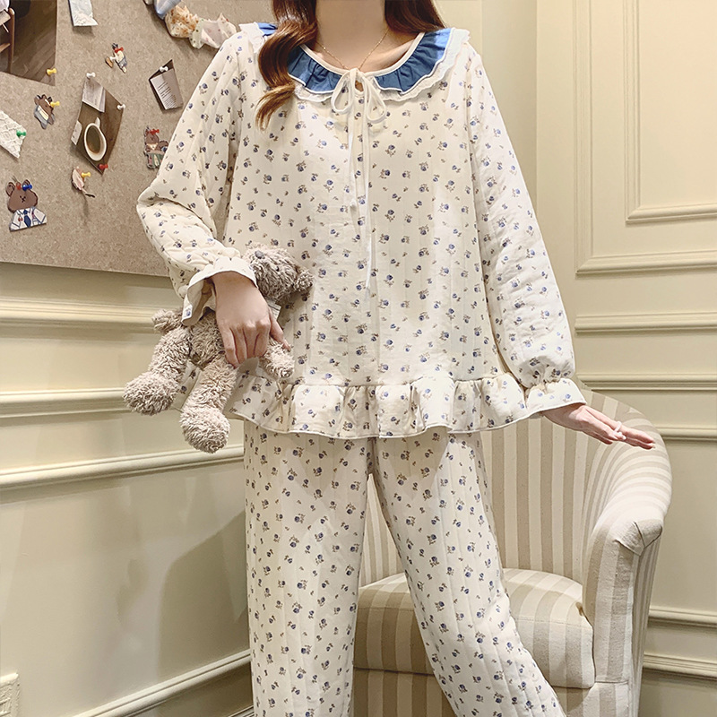 喔密哒秋冬季新款田园碎花夹层保暖仿棉睡衣套装女士可外穿 - 图0