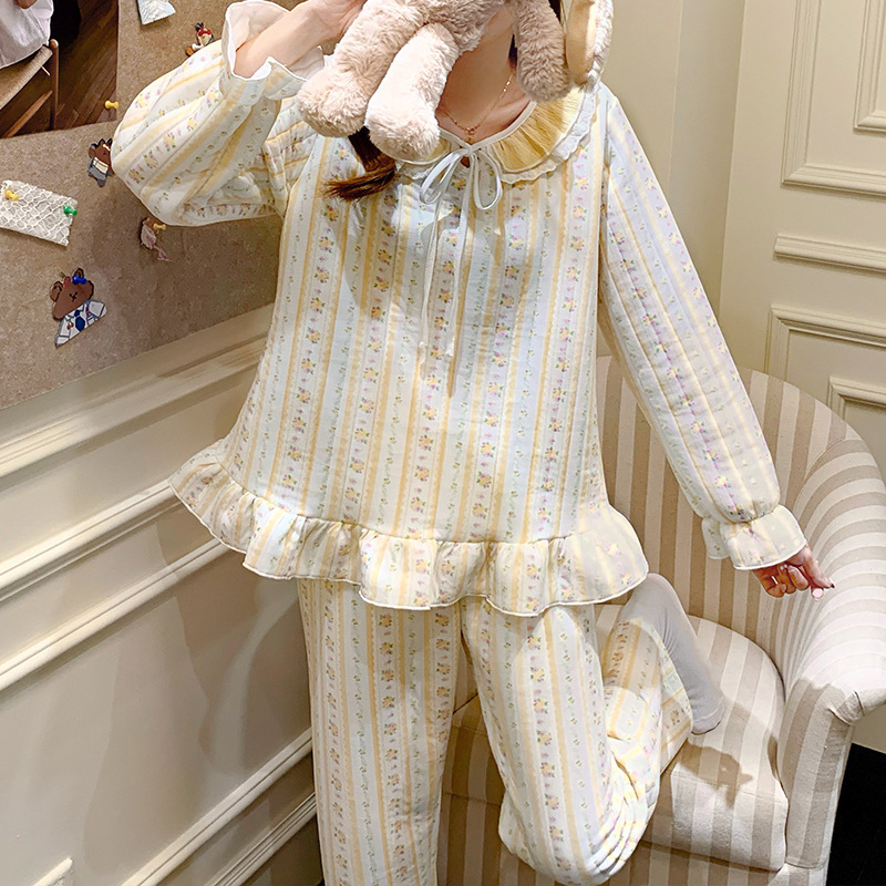 喔密哒秋冬季新款田园碎花夹层保暖仿棉睡衣套装女士可外穿 - 图1