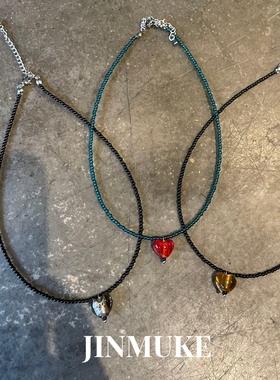 JINMUKE韩国进口时尚首饰品小众彩色串珠爱心新款绿色串珠项链