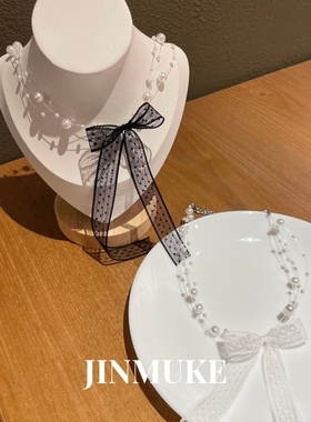 JINMUKE韩国进口首饰品蝴蝶结蕾丝珍珠项链锁骨链新甜美气质项链