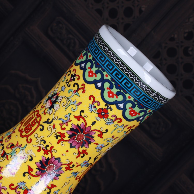 新款销陶瓷花瓶黄色福寿大号天球瓶中式喜庆乔迁新居装饰摆件品-图0